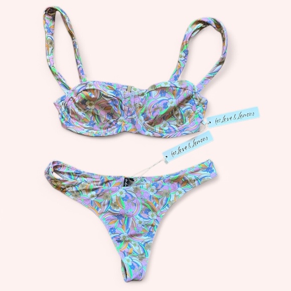 NWT For Love & Lemons Vibrant Neon Floral Underwire Bikini Cheeky Set Size M - Picture 1 of 7